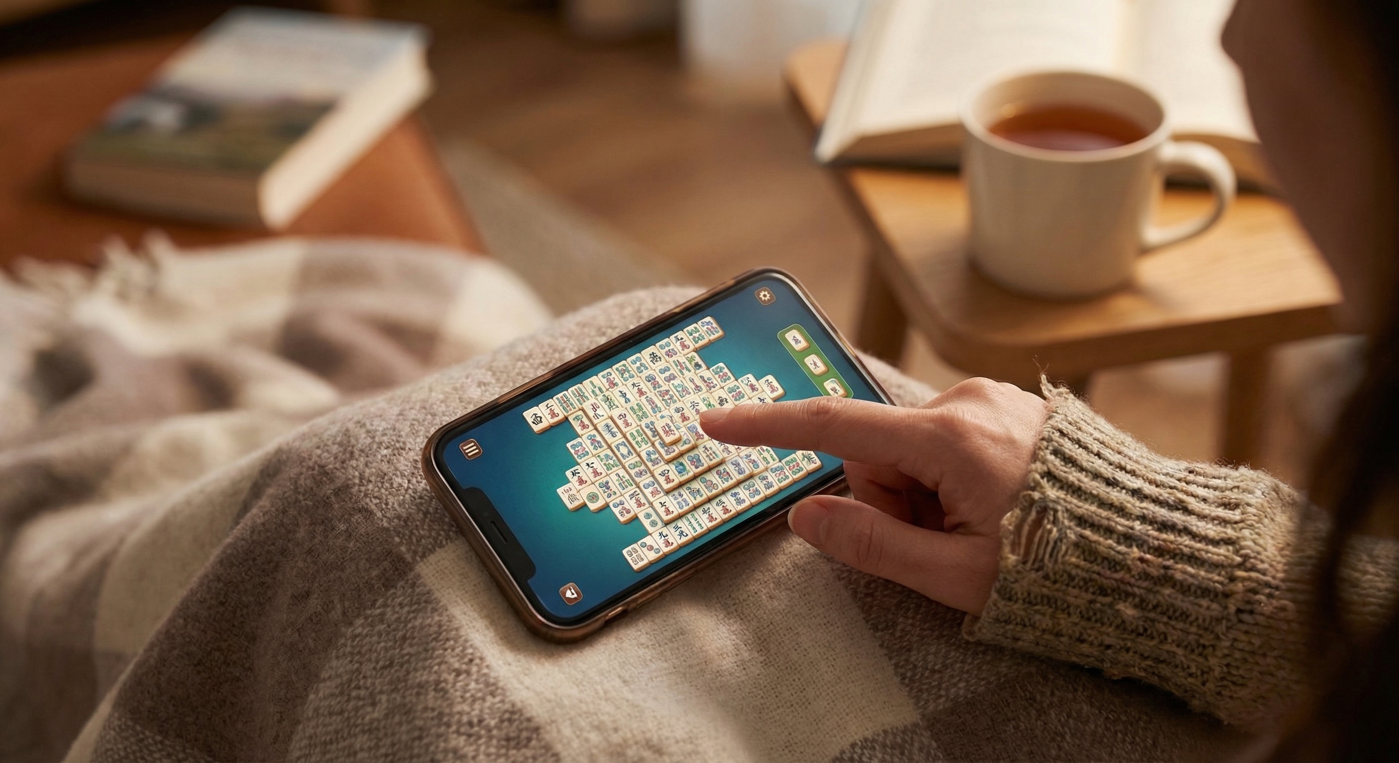 Hand playing Mahjong on mobile touchscreen