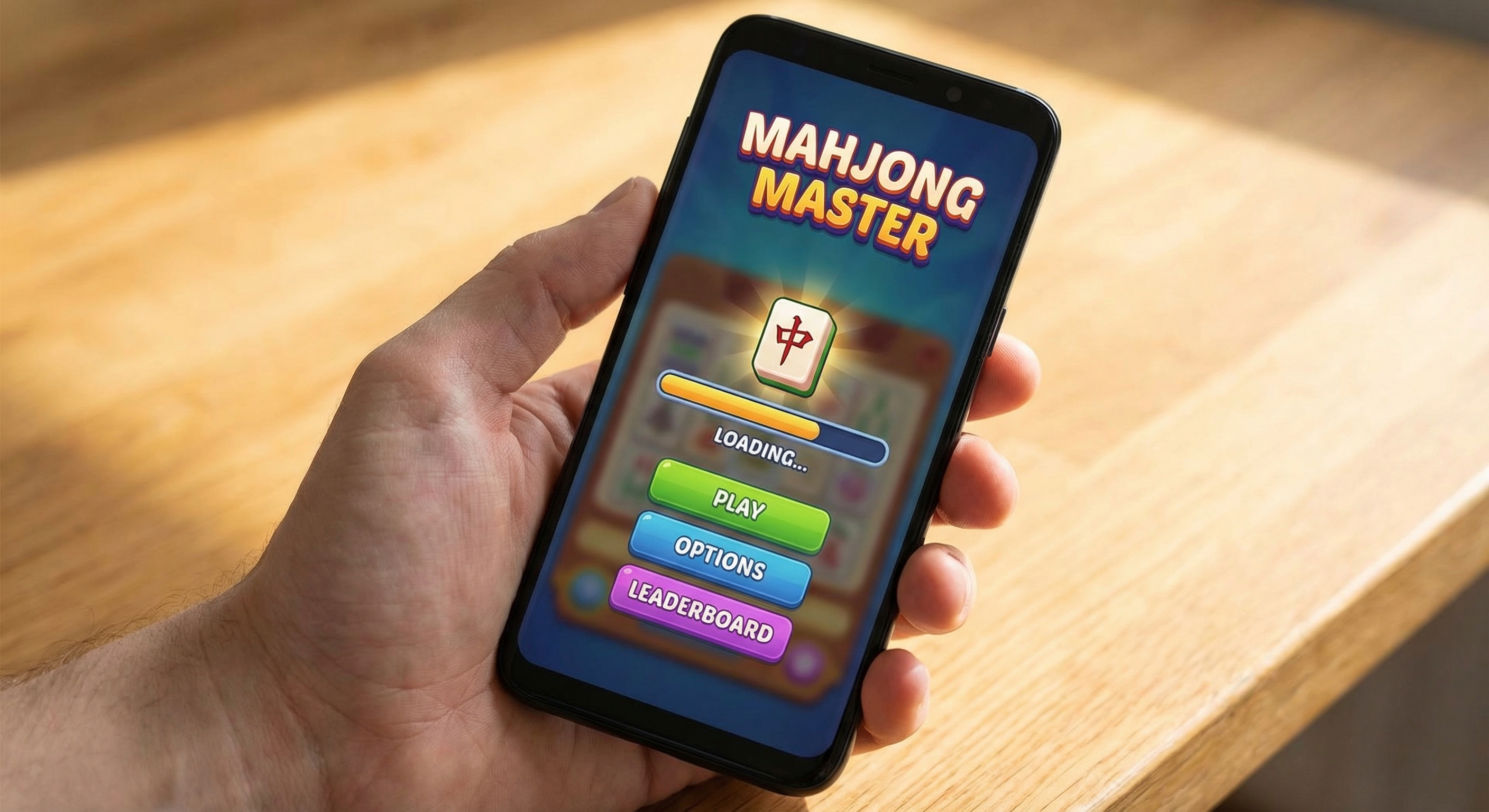 Android smartphone displaying Vita Mahjong game menu interface