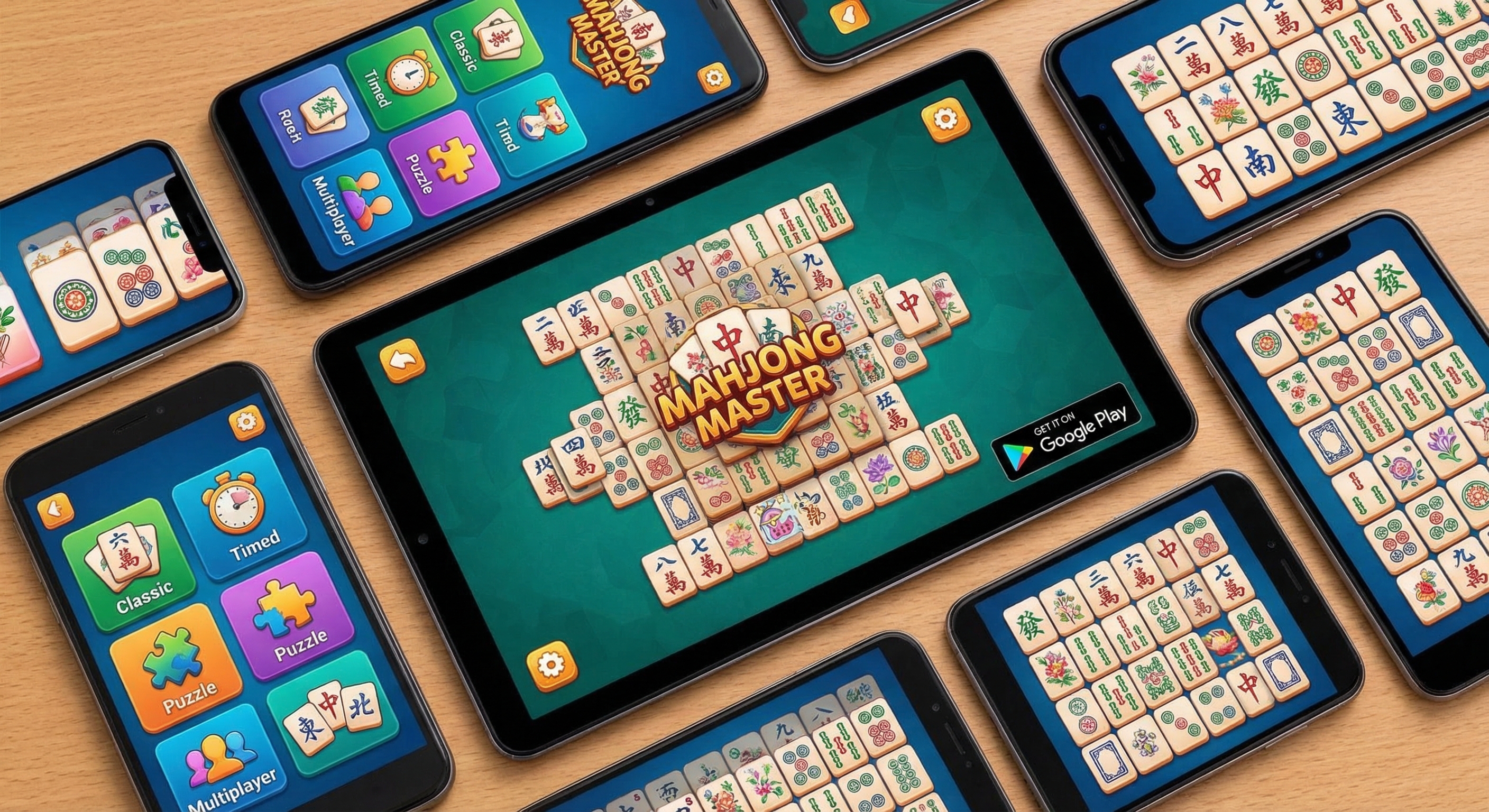 Multiple Mahjong tile sets and game modes display