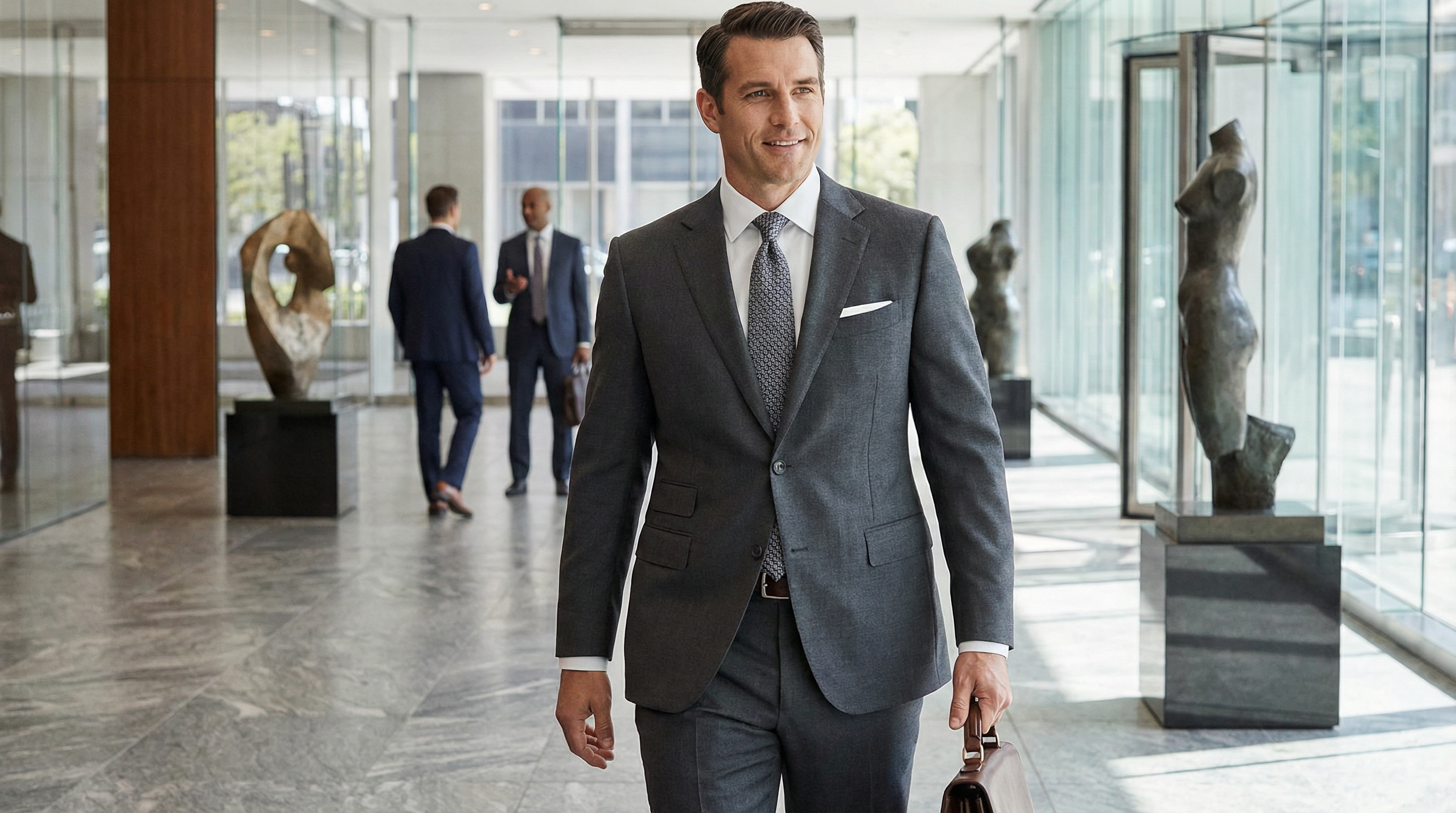 Professional business man in charcoal grey suit, confident and polished