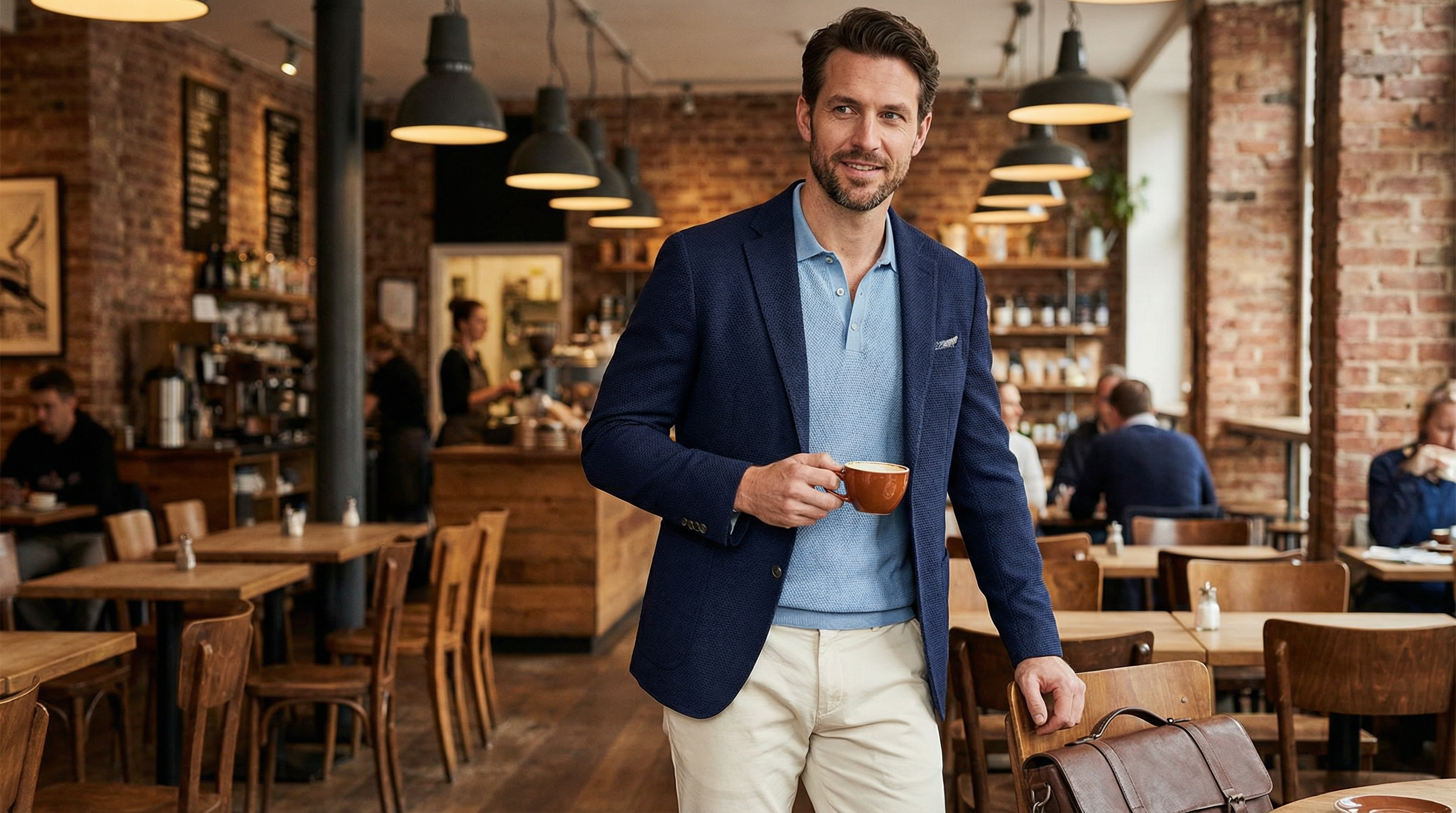 Stylish man wearing navy casual blazer with chinos, smart casual outfit