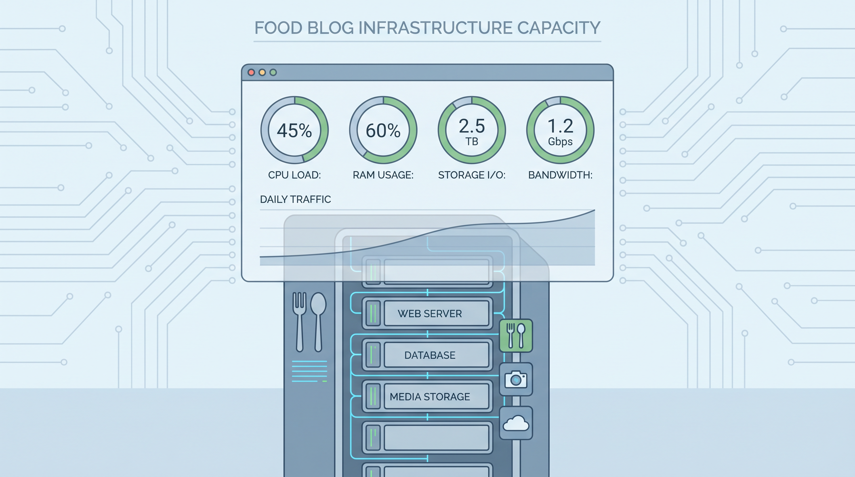 Server capacity basics for food blogs showing CPU, RAM, storage and bandwidth metrics on dashboard