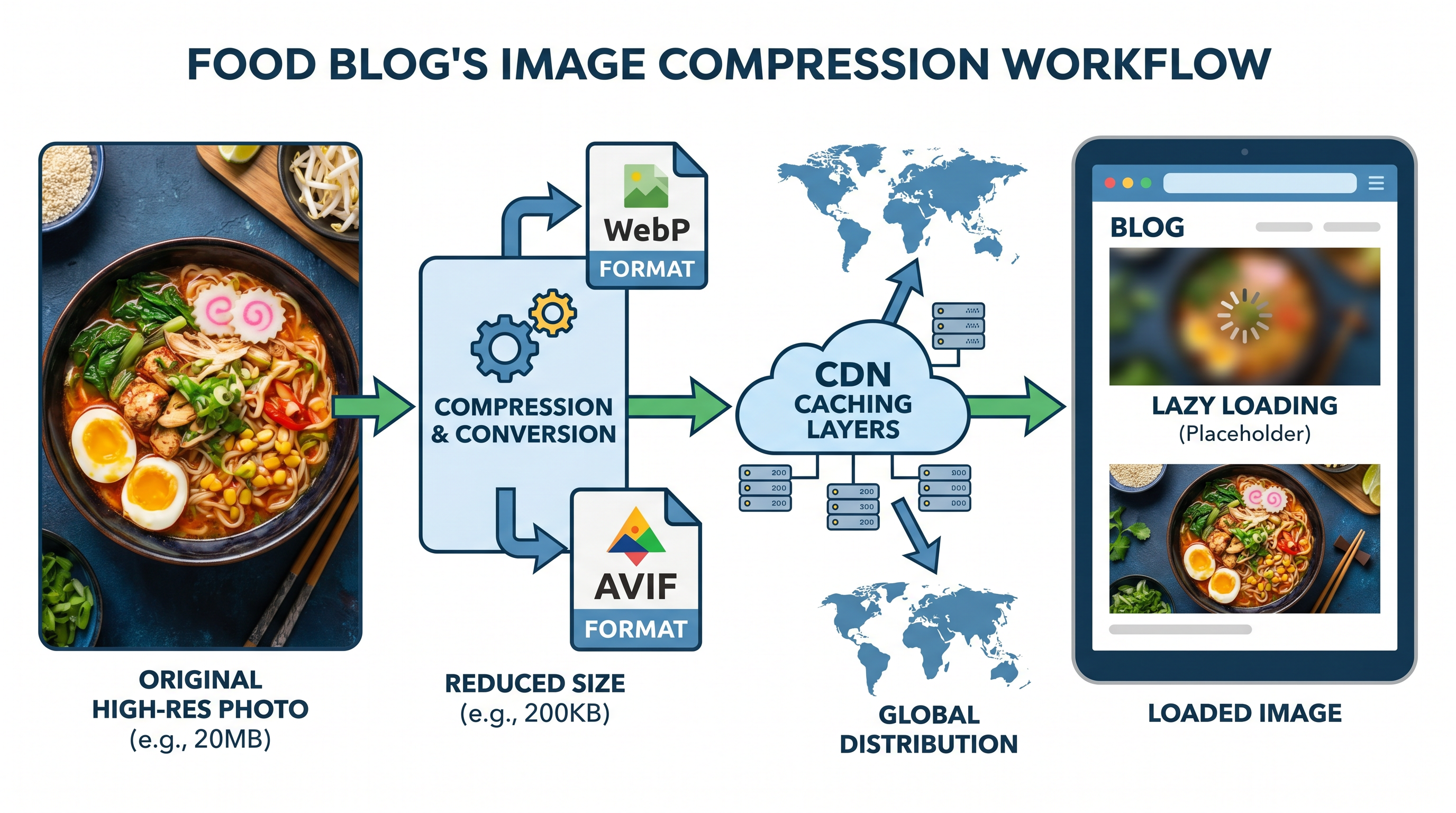 Image optimization workflow for food blogs showing compression, WebP conversion and lazy loading diagram