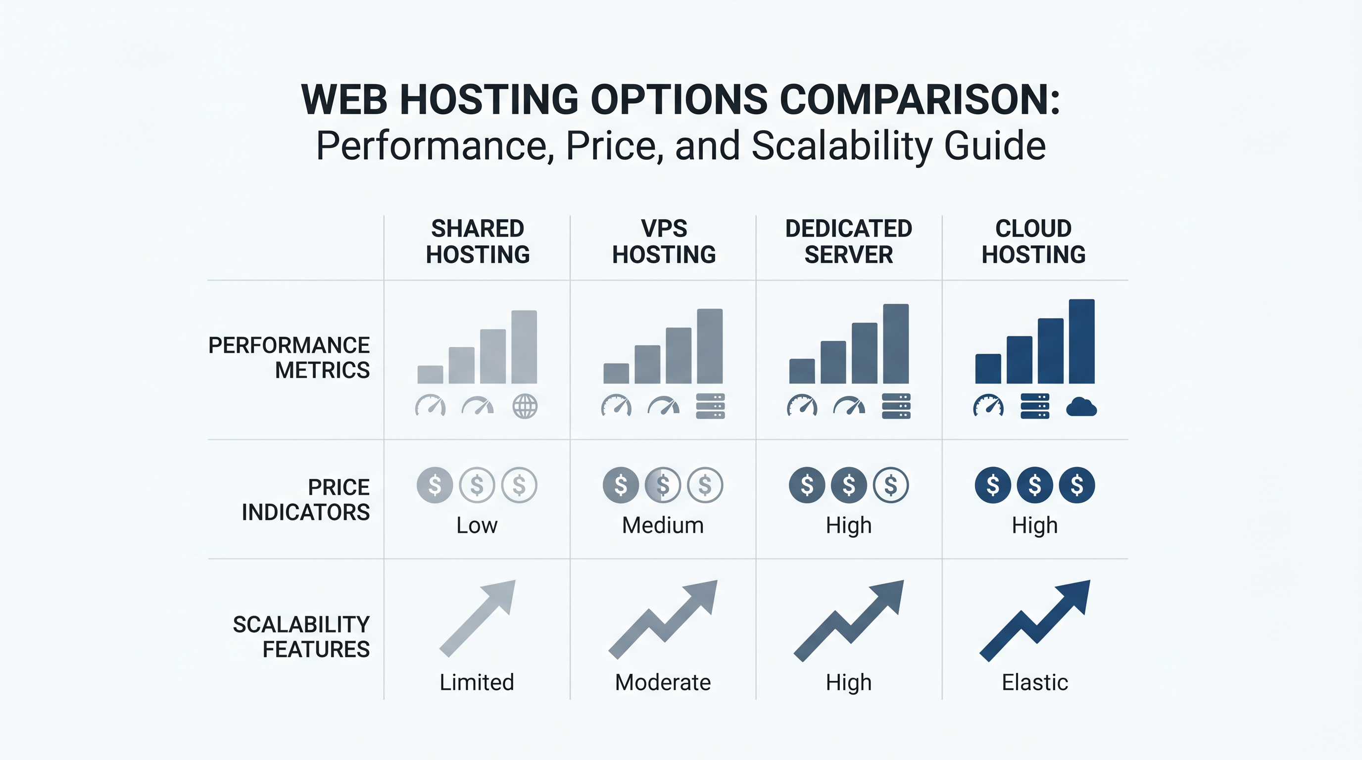 Hosting comparison chart showing shared, VPS, dedicated and cloud hosting performance metrics for food blogs