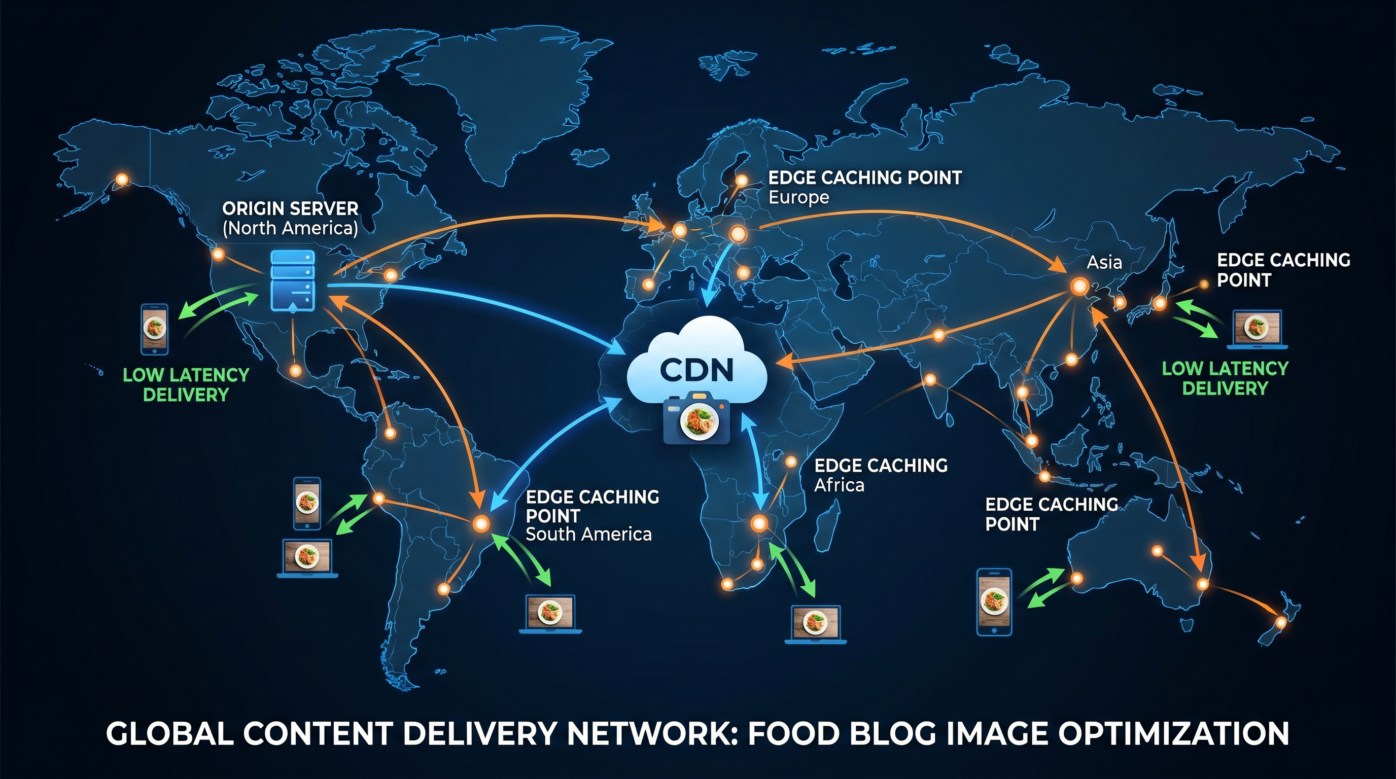 CDN network diagram showing global server locations, data flow and latency reduction for food blog images