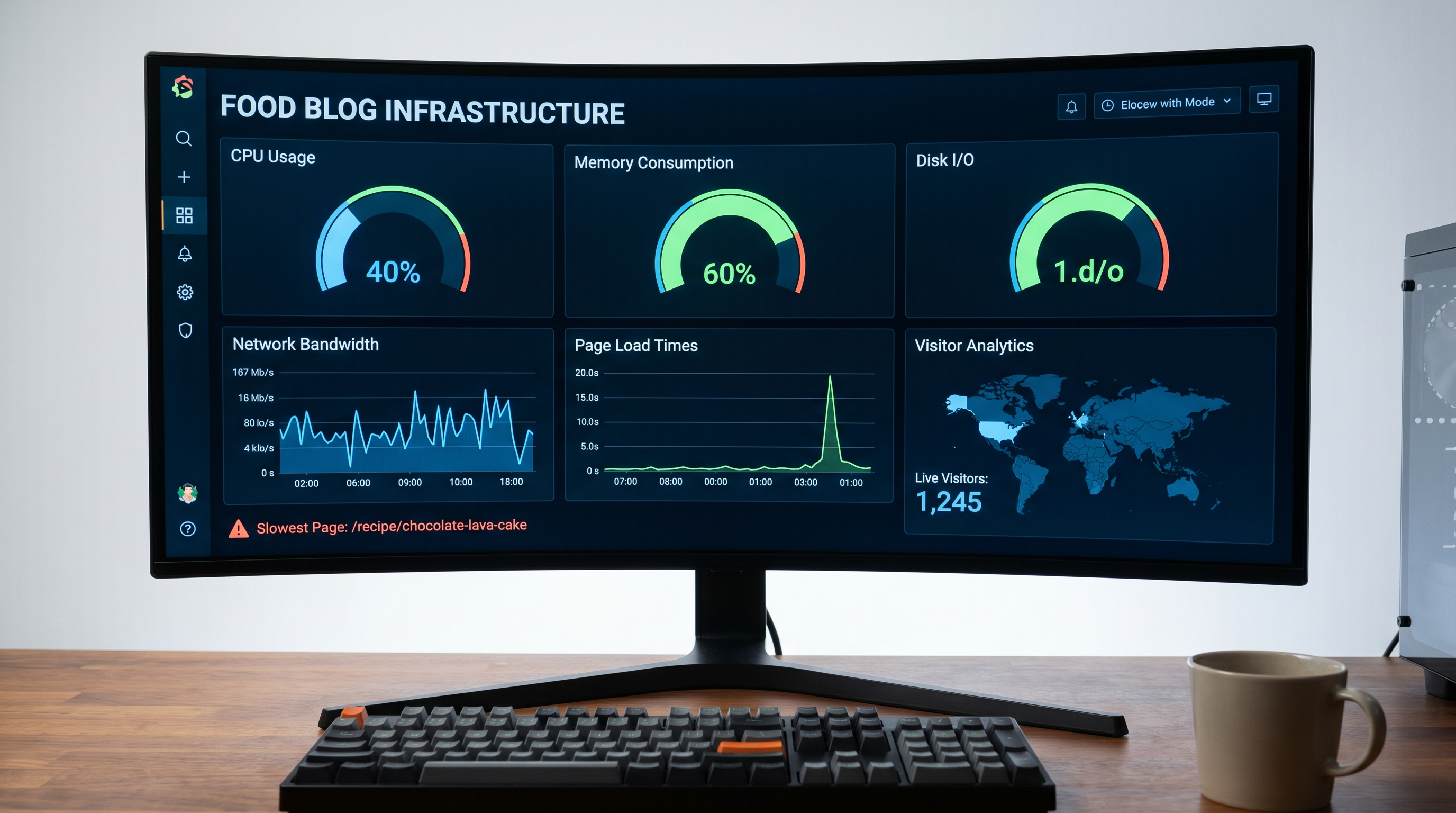 Server monitoring dashboard showing real-time CPU usage, memory consumption, disk I/O and visitor analytics for food blogs