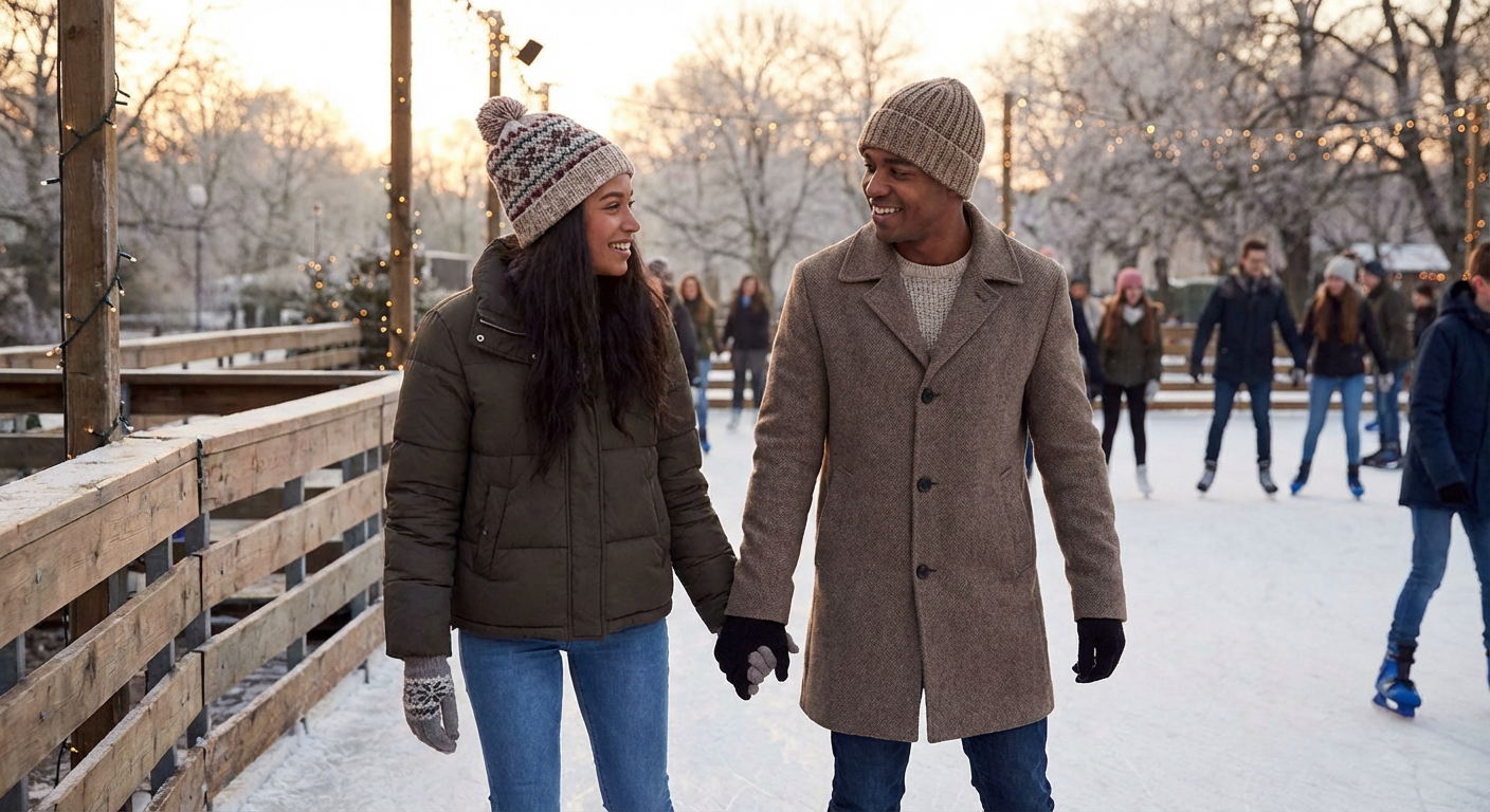 A diverse young couple ice skating hand-in-hand at an outdoor rink