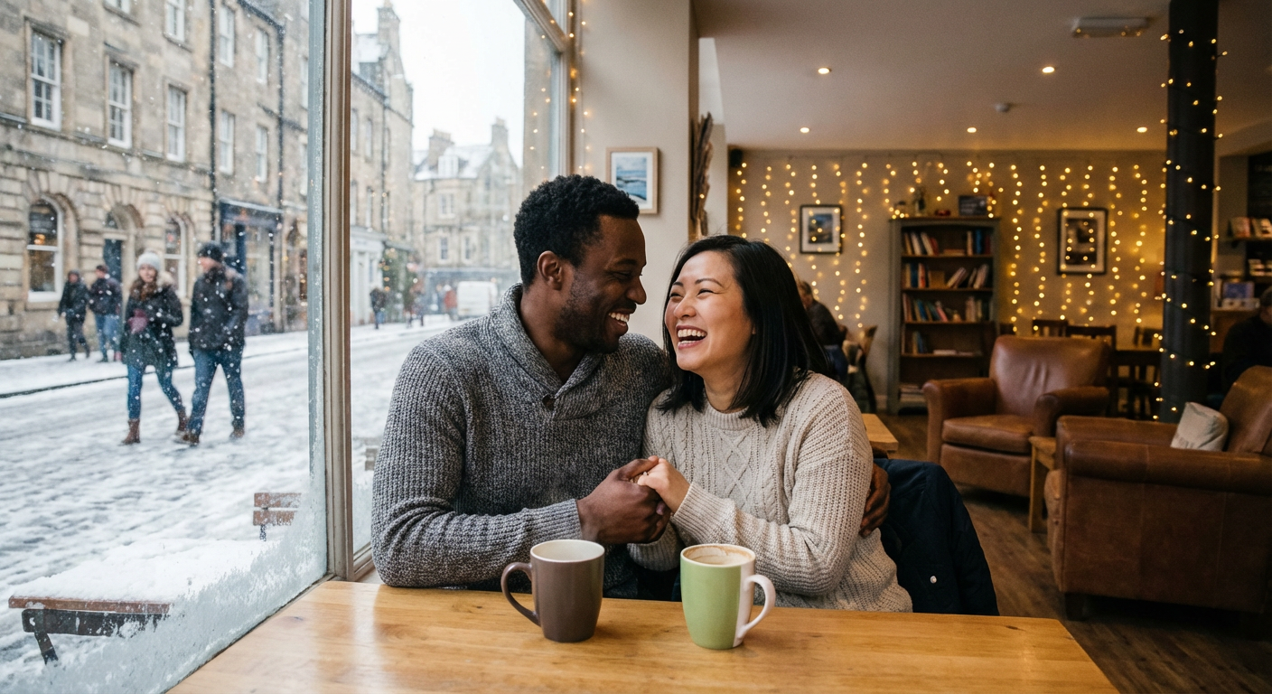 Diverse couple sitting at cozy coffee shop window, laughing together