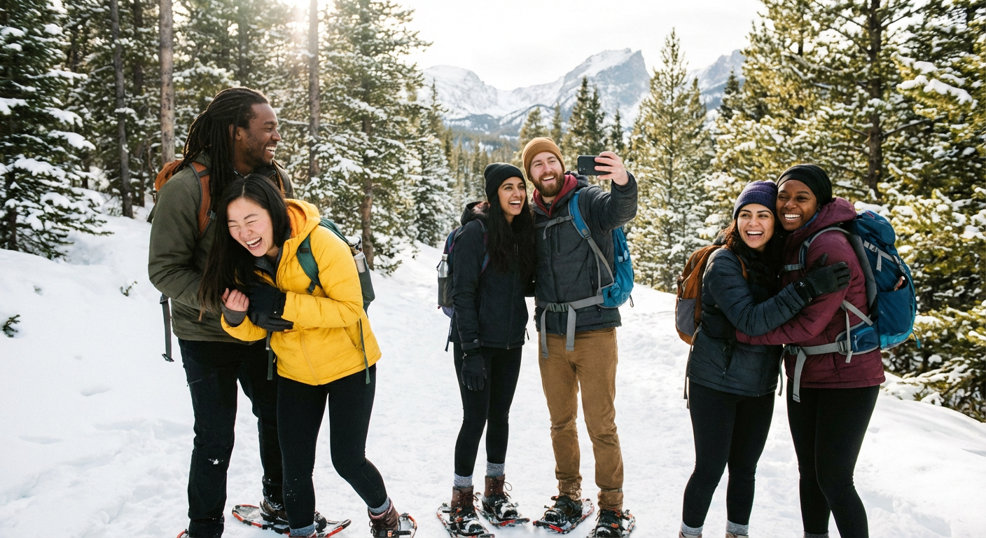 Multi-ethnic group of friends enjoying winter outdoor activity