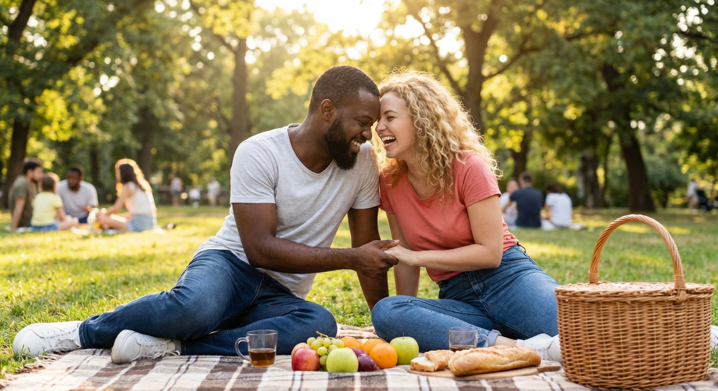Diverse interracial couple having a romantic picnic