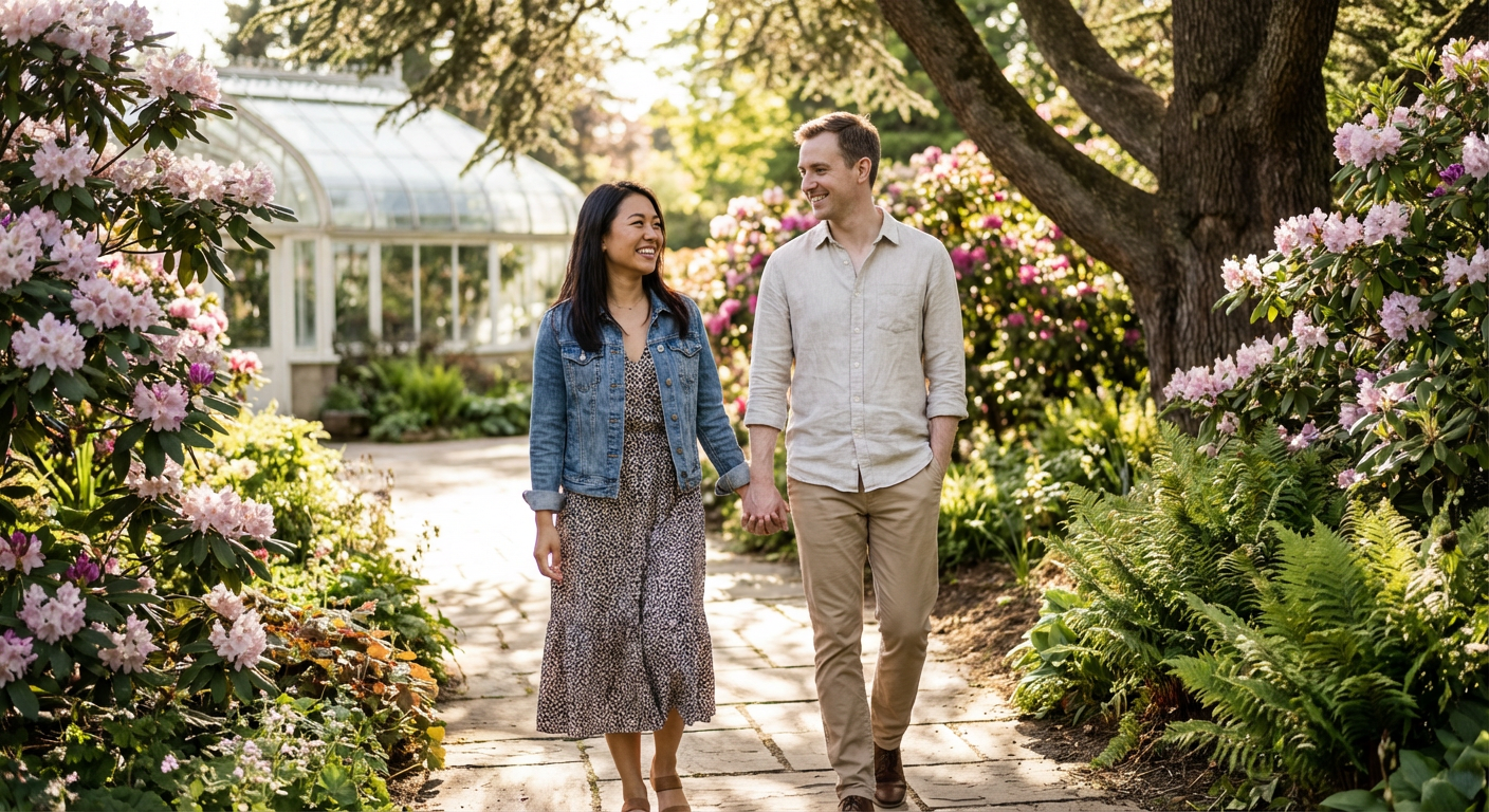 Mixed race couple at botanical garden