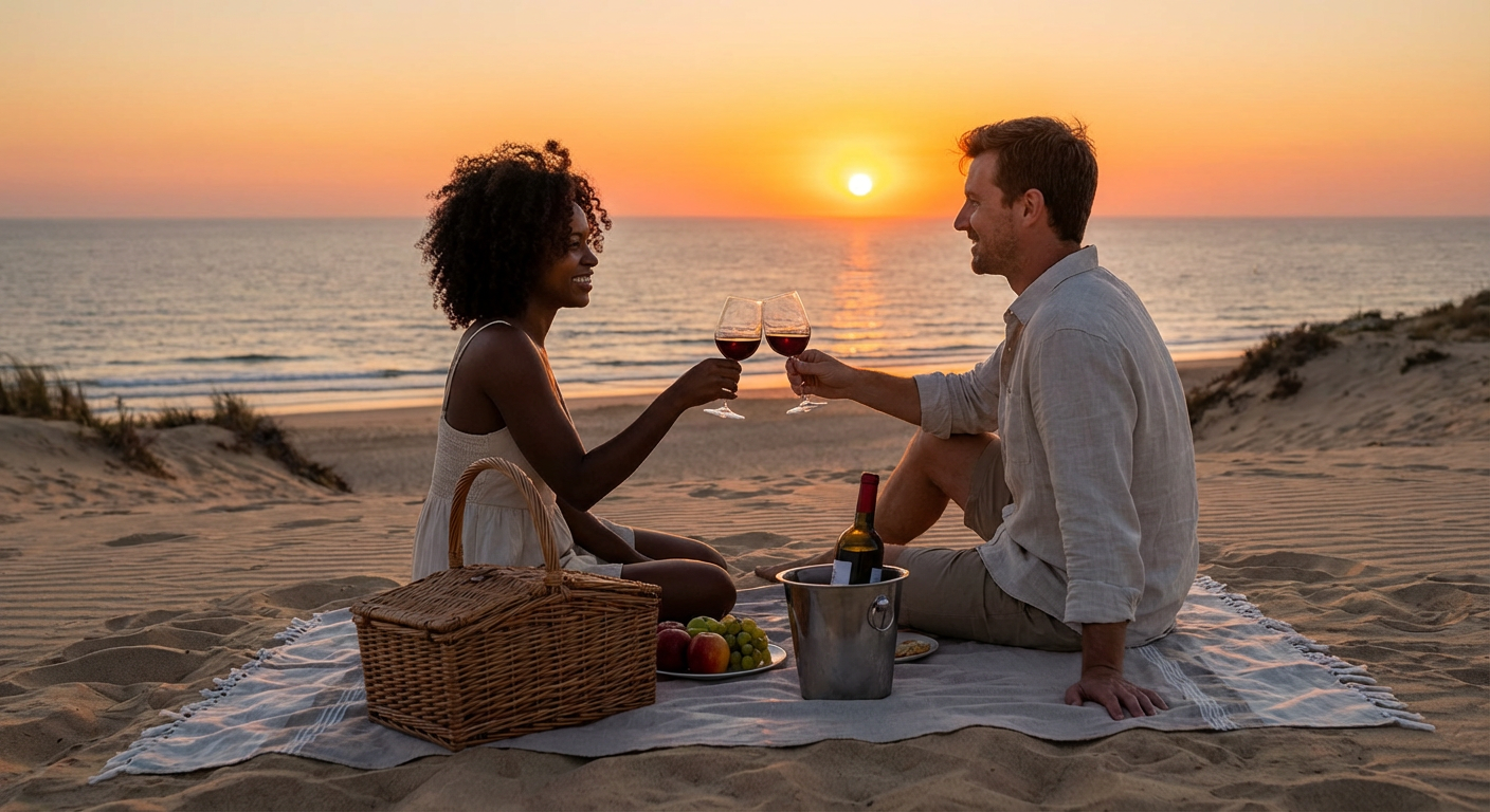 Interracial couple at sunset picnic