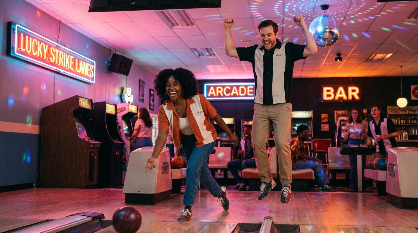 Diverse couple having fun at bowling alley