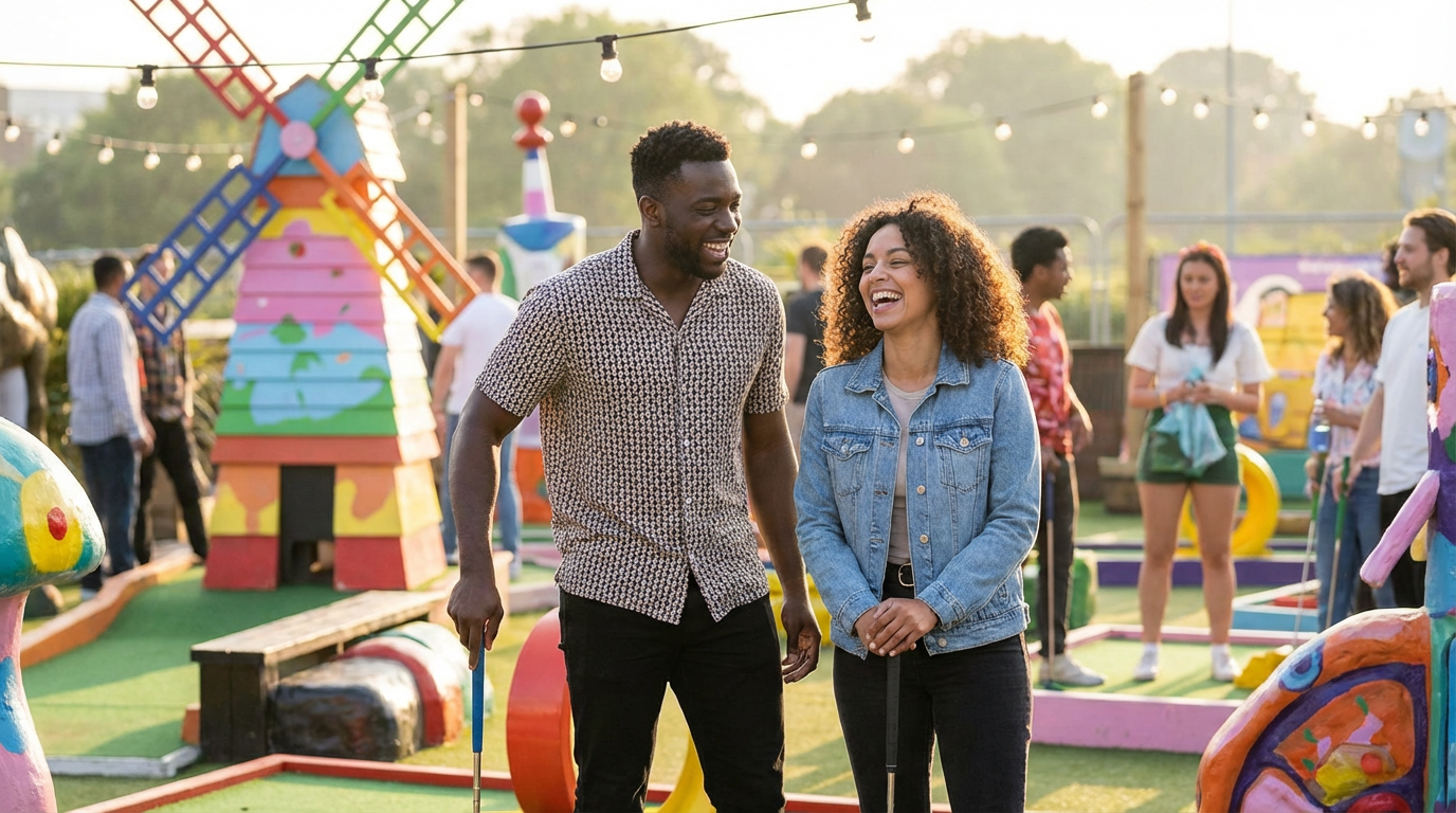 Diverse couple playing mini golf