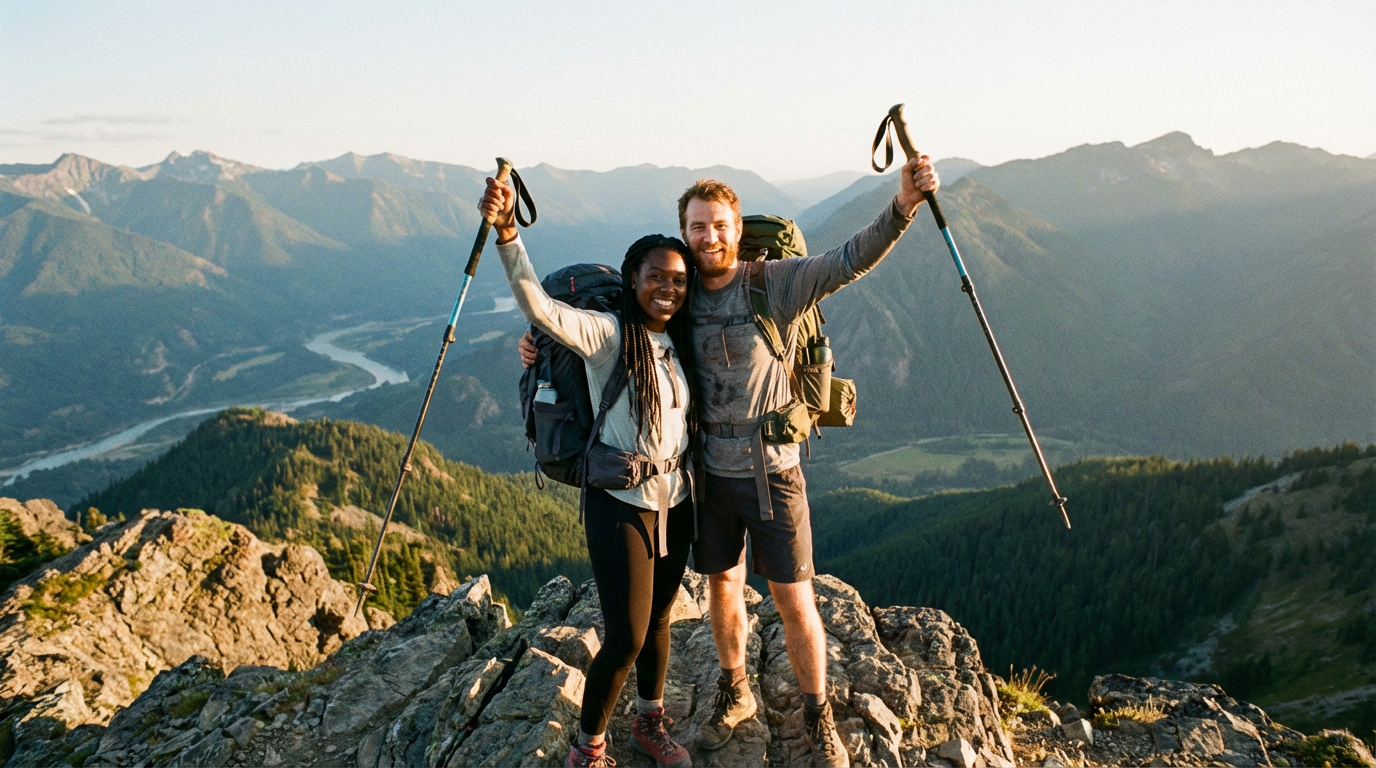 Diverse couple hiking mountain trail