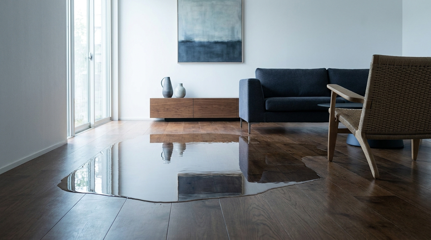 Template visual of a clean room with recent water on the floor