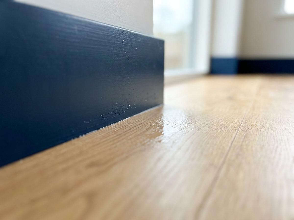 Template visual of moisture at a baseboard, used as a general water detail