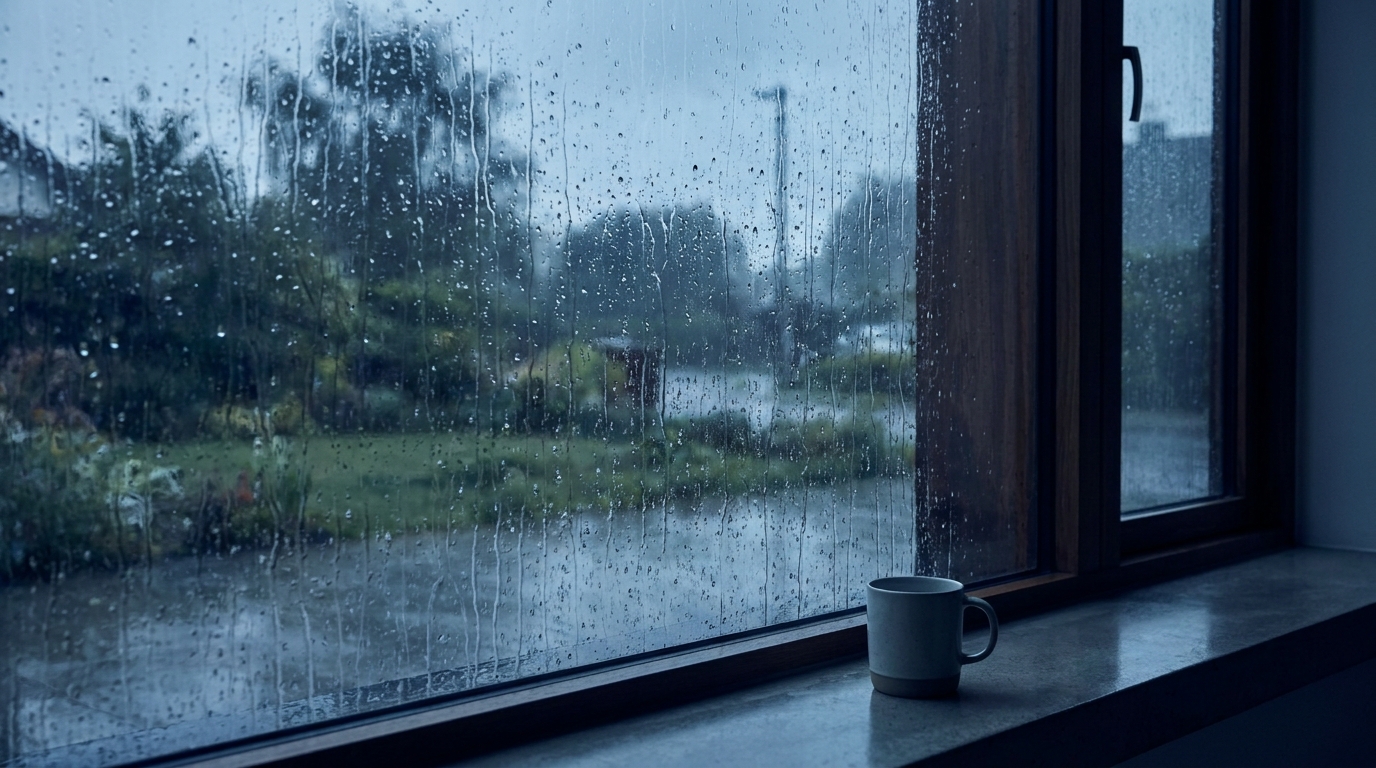 Template visual of rain on a window, used as general water emergency atmosphere